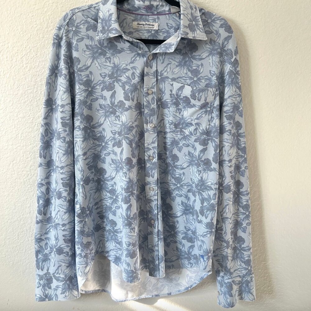 Tommy Bahama Sz L San Lucio Stretch Shirt Blue Floral IslandZone Tropical Men
